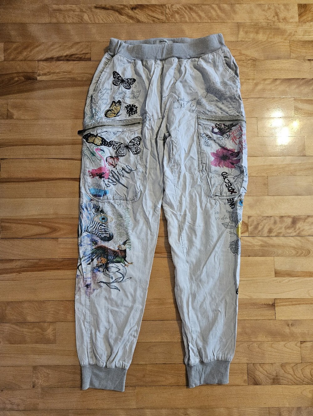 Desigual Trousers Miner-Style Pants Beige With Gorgeous Flowers Butterflys Eyes